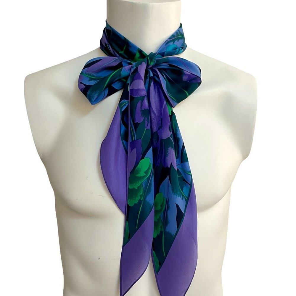 Vintage Long Floral Scarf Purple Green Blue Silky Neck Scarf 9 x 70